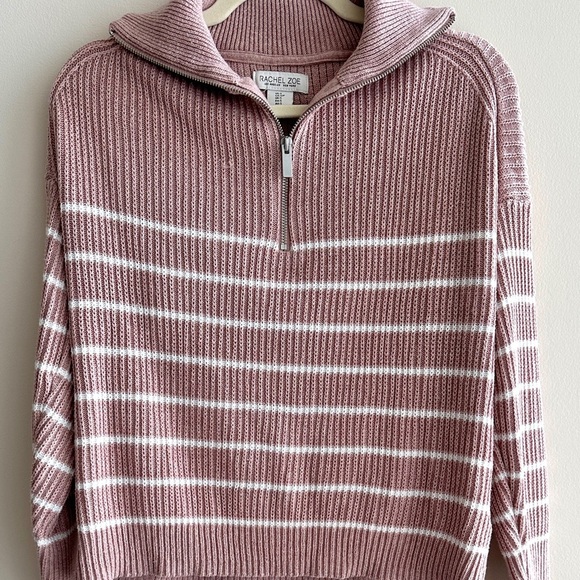 Rachel Zoe Light Pink and White Striped Ribbed Quarter-Zip Sweater, Size Small - Picture 1 of 16